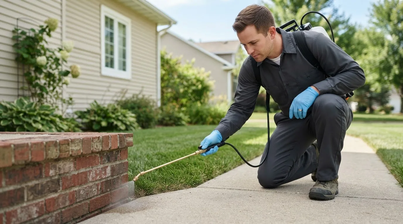 Pest control technician treating a home near New Berlin, WI